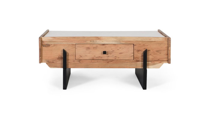 GINER Y COLOMER - Table basse en bois d'acacia massif et marbre blanc avec tiroir traversant et pieds métalliques noirs - Design moderne GINER Y COLOMER - Table basse en bois d'acacia massif et marbre blanc avec tiroir traversant et pieds métalliques noirs - Design moderne