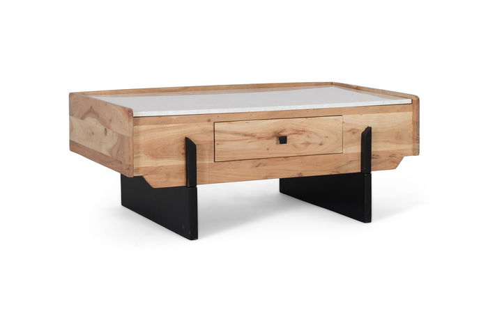 GINER Y COLOMER - Table basse en bois d'acacia massif et marbre blanc avec tiroir traversant et pieds métalliques noirs - Design moderne GINER Y COLOMER - Table basse en bois d'acacia massif et marbre blanc avec tiroir traversant et pieds métalliques noirs - Design moderne