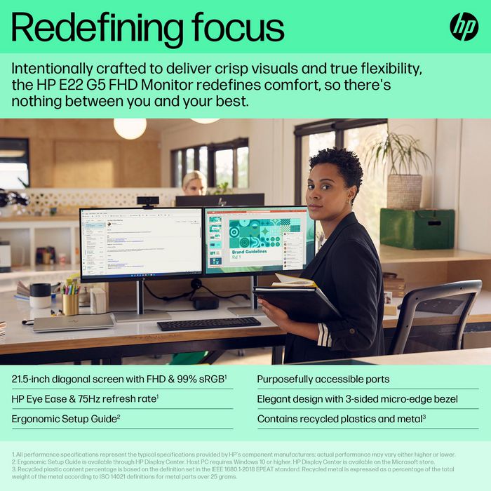 HP Écran E22 G5 21,5" - Moniteur PC Full HD IPS 75 Hz avec réglage ergonomique, HP Eye Ease et connectivité polyvalente