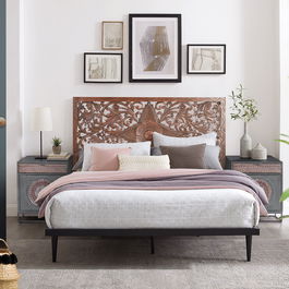 GINER Y COLOMER Cabecero en bois de manguier couleur noyer 166 cm - Tête de lit décorative en MDF sculptée main, orientation horizontale ou verticale