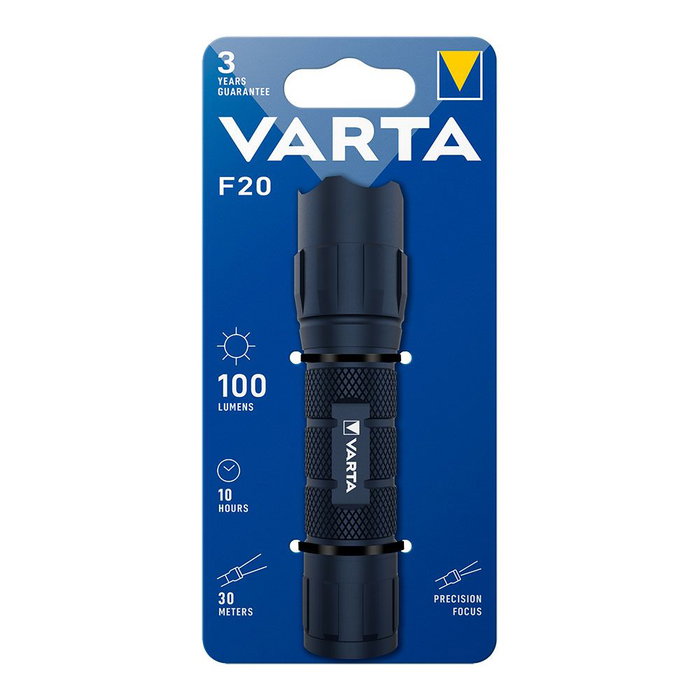 Varta F20 Lampe torche LED 100 lumens, 2 modes, portée 30 m, autonomie 10h, aluminium, piles AAA non incluses Varta F20 Lampe torche LED 100 lumens, 2 modes, portée 30 m, autonomie 10h, aluminium, piles AAA non incluses