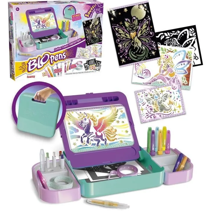 LANSAY Blopens Coffret créatif fantastique avec pochoirs, diamants colorés et chevalet - Studio de dessin pour enfants dès 5 ans LANSAY Blopens Coffret créatif fantastique avec pochoirs, diamants colorés et chevalet - Studio de dessin pour enfants dès 5 ans