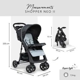 Hauck Shopper Neo II - Poussette compacte 4 roues pivotantes - Pour naissance à 22 kg - Coloris Caviar/Silver - Châssis acier - Dossier inclinable