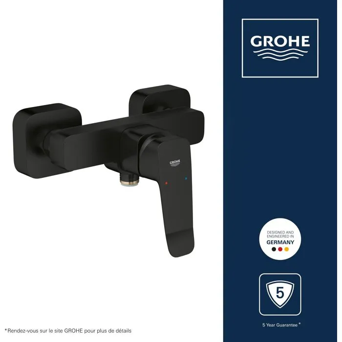 GROHE Mitigeur de Douche DICE Noir Mat, M, Technologie SilkMove, Cartouche Céramique, Limiteur de Débit et Température, 5 l/min à 3 Bars, Montage Mural