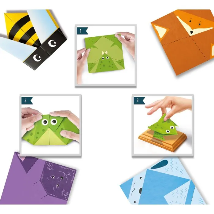 Liscianigiochi KIDS ART Origami Lab - Kit créatif origami avec 105 feuilles colorées, 50 modèles et 4 socles en bois - Jeu éducatif pour enfants dès 7 ans