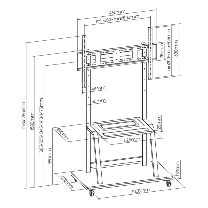 Ewent EW1544 Support sol mobile pour TV 37-100 pouces, charge max 150 kg, VESA, avec étagère