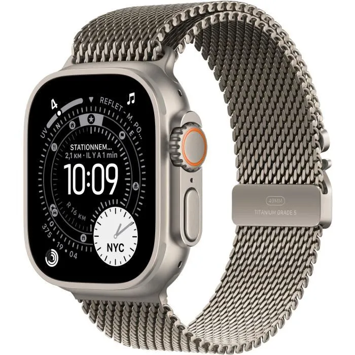 Apple Watch Ultra 3 GPS + Cellular - 49mm - Boîtier Natural Titanium - Bracelet Natural Titanium Milanese Loop - Small Apple Watch Ultra 3 GPS + Cellular - 49mm - Boîtier Natural Titanium - Bracelet Natural Titanium Milanese Loop - Small