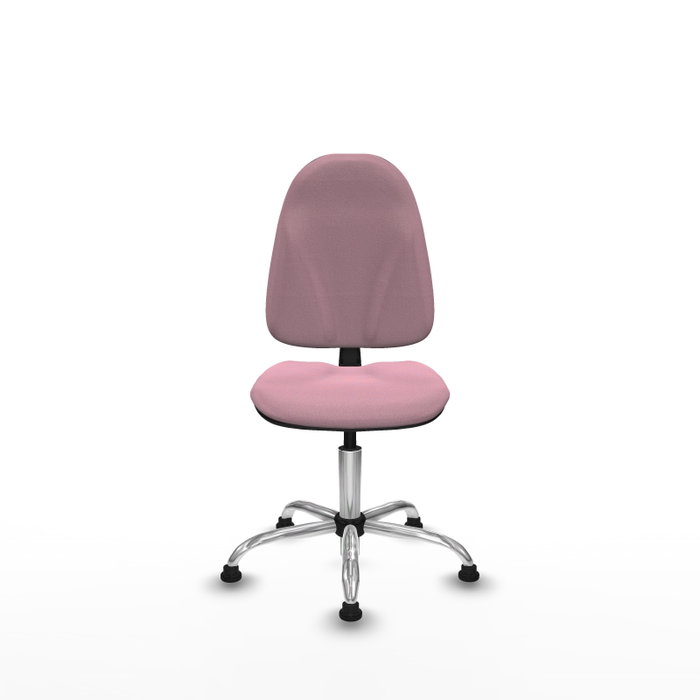 Chaise de bureau Algarra avec mécanisme de contact permanent de base, recouverte de tissu rose. Équipée d'une base chromée, sans accoudoirs et avec butées Chaise de bureau Algarra avec mécanisme de contact permanent de base, recouverte de tissu rose. Équipée d'une base chromée, sans accoudoirs et avec butées