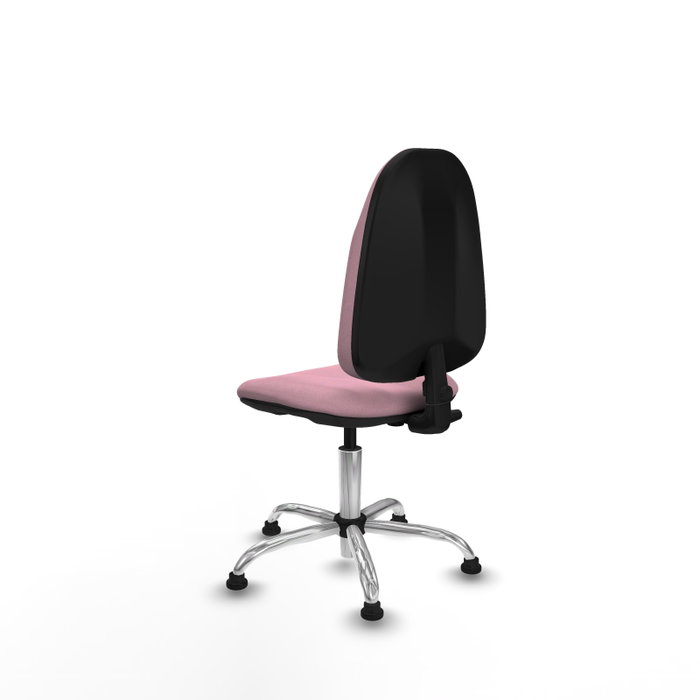 Chaise de bureau Algarra avec mécanisme de contact permanent de base, recouverte de tissu rose. Équipée d'une base chromée, sans accoudoirs et avec butées Chaise de bureau Algarra avec mécanisme de contact permanent de base, recouverte de tissu rose. Équipée d'une base chromée, sans accoudoirs et avec butées
