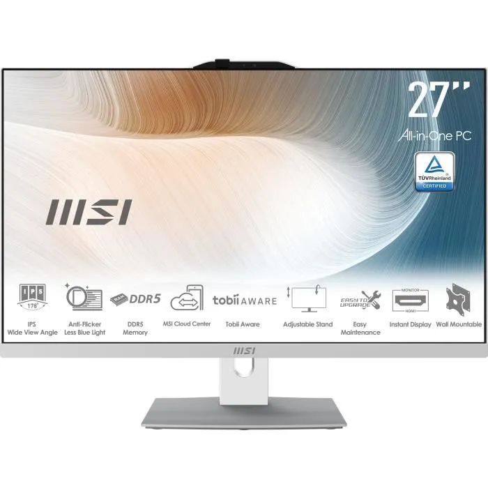 MSI AM272P 1M-1268XFR - PC Tout-en-un 27" Écran FHD - Processeur Intel Core 7 150U - 16 Go RAM DDR5 - 1 To SSD PCIe Gen4 - Pied ajustable - Clavier et souris inclus - Blanc