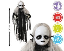 Marca Inconnue - Poupée géante terrifiante Halloween 90 cm, cheveux platine et robe noire, décoration d'horreur classique