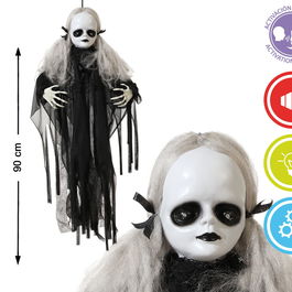 Marca Inconnue - Poupée géante terrifiante Halloween 90 cm, cheveux platine et robe noire, décoration d'horreur classique