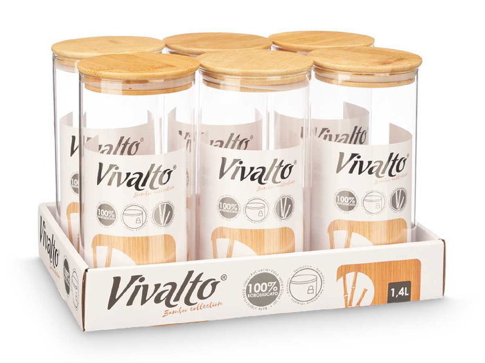 Vivalto Pot rond en verre borosilicate avec couvercle bambou 1,4L 10x20x10cm transparent (Set de 12)