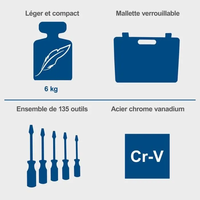 Scheppach TB170 Mallette à outils verrouillable de 135 pièces en acier chrome vanadium - Ensemble complet avec rangement pratique Scheppach TB170 Mallette à outils verrouillable de 135 pièces en acier chrome vanadium - Ensemble complet avec rangement pratique