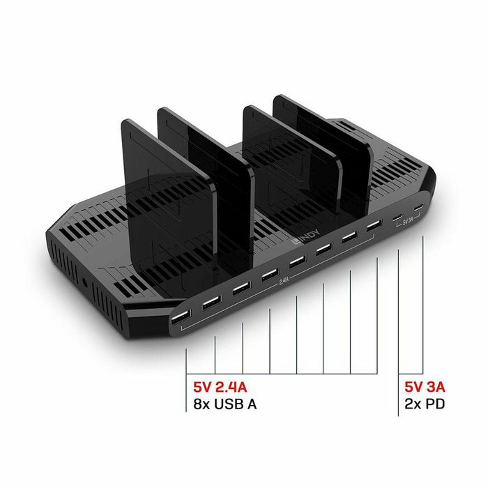 Lindy Station de Charge USB 10 Ports 120W, Ports Type-A et Type-C, Charge Intelligente avec Support pour QC 3.0, AFC Samsung et Apple