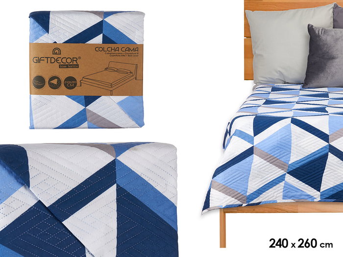 Giftdecor Colcha de cama réversible 240x260 cm triangles bleus 100% polyester (Set de 6) Giftdecor Colcha de cama réversible 240x260 cm triangles bleus 100% polyester (Set de 6)