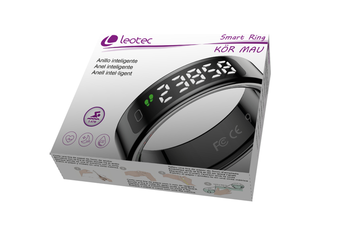 Leotec Smart Ring Kor Mau Noir - Bague connectée Bluetooth 5.0, fréquence cardiaque, charge sans fil