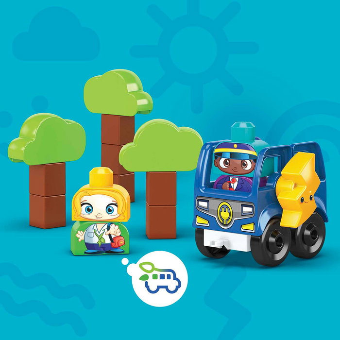 MEGA BLOKS Mega Blocks HDX90 Autobus Électrique Rechargeable Ville Verte - Jeu de Construction 35 Pièces avec 2 Personnages, Arrêt de Bus et Arbres