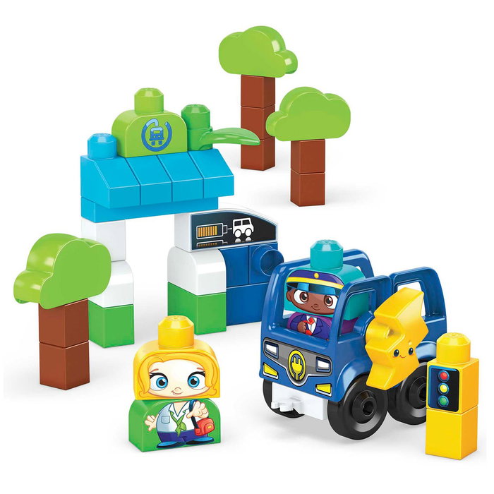 MEGA BLOKS Mega Blocks HDX90 Autobus Électrique Rechargeable Ville Verte - Jeu de Construction 35 Pièces avec 2 Personnages, Arrêt de Bus et Arbres