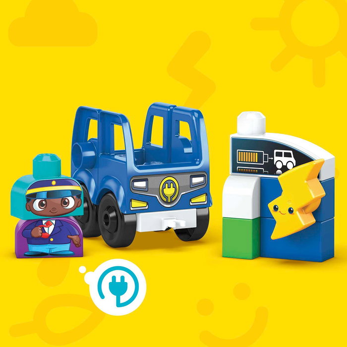 MEGA BLOKS Mega Blocks HDX90 Autobus Électrique Rechargeable Ville Verte - Jeu de Construction 35 Pièces avec 2 Personnages, Arrêt de Bus et Arbres