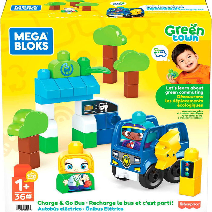 MEGA BLOKS Mega Blocks HDX90 Autobus Électrique Rechargeable Ville Verte - Jeu de Construction 35 Pièces avec 2 Personnages, Arrêt de Bus et Arbres