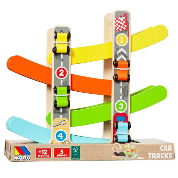 Molto Piste de course rampe pour voitures en bois avec 4 voitures - Jouet éducatif pour enfants à partir de 3 ans
