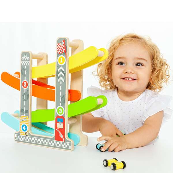 Molto Piste de course rampe pour voitures en bois avec 4 voitures - Jouet éducatif pour enfants à partir de 3 ans