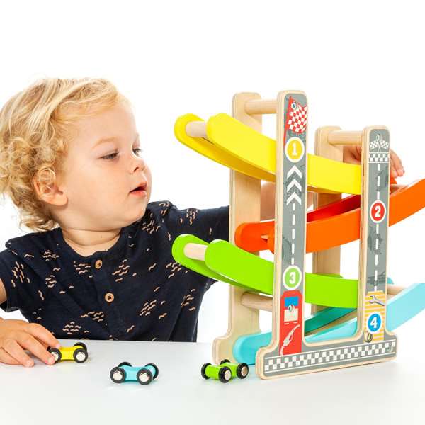 Molto Piste de course rampe pour voitures en bois avec 4 voitures - Jouet éducatif pour enfants à partir de 3 ans