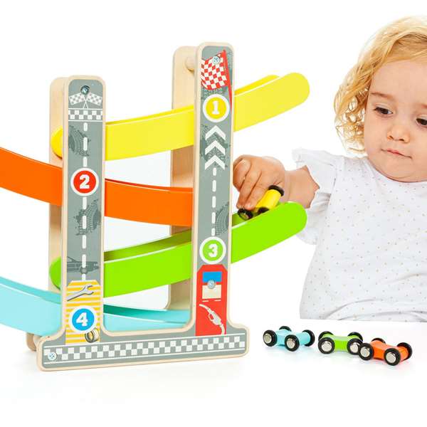 Molto Piste de course rampe pour voitures en bois avec 4 voitures - Jouet éducatif pour enfants à partir de 3 ans