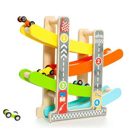 Molto Piste de course rampe pour voitures en bois avec 4 voitures - Jouet éducatif pour enfants à partir de 3 ans
