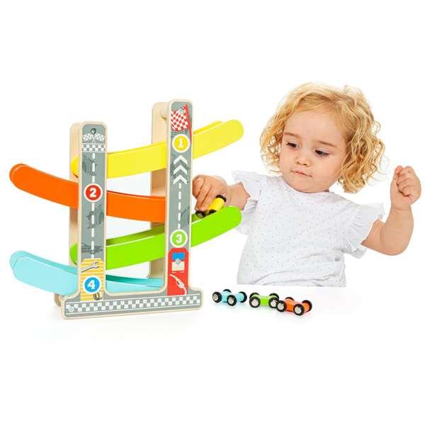 Molto Piste de course rampe pour voitures en bois avec 4 voitures - Jouet éducatif pour enfants à partir de 3 ans