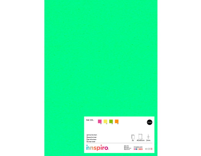 Innspiro Lot de 5 feuilles de mousse EVA vert fluo 40x60 cm x 2 mm Innspiro Lot de 5 feuilles de mousse EVA vert fluo 40x60 cm x 2 mm