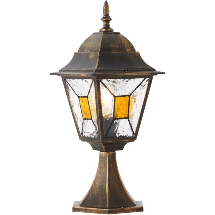 BRILLIANT Borne extérieure JANEL noir doré en métal et verre pour ampoule E27 max 60W LED, IP44, étanche, dimensions 44x18x18 cm BRILLIANT Borne extérieure JANEL noir doré en métal et verre pour ampoule E27 max 60W LED, IP44, étanche, dimensions 44x18x18 cm