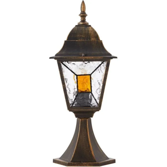 BRILLIANT Borne extérieure JANEL noir doré en métal et verre pour ampoule E27 max 60W LED, IP44, étanche, dimensions 44x18x18 cm BRILLIANT Borne extérieure JANEL noir doré en métal et verre pour ampoule E27 max 60W LED, IP44, étanche, dimensions 44x18x18 cm