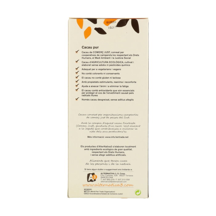 Alternativa3 Cacao Puro Bio sans sucre et sans lactose 150 g