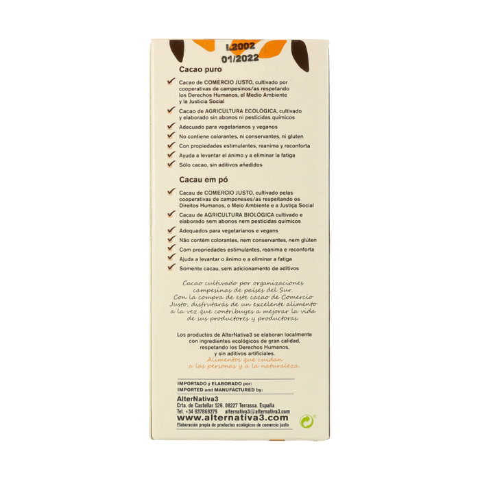 Alternativa3 Cacao Puro Bio sans sucre et sans lactose 150 g