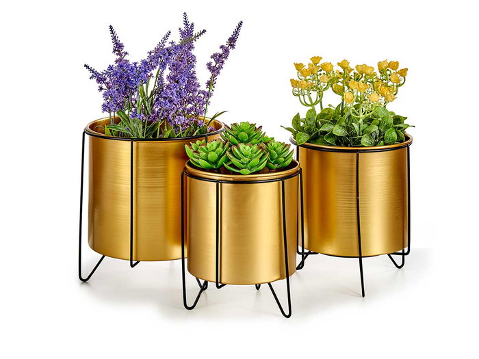 Giftdecor Set de 3 Jardinières avec Support Métal Doré et Noir 40x22x21 cm (Set de 4)