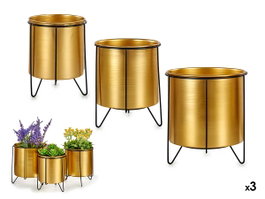 Giftdecor Set de 3 Jardinières avec Support Métal Doré et Noir 40x22x21 cm (Set de 4)