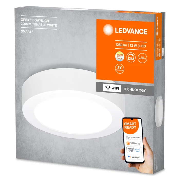 Ledvance Spot encastré LED Smart, 12 W, 900 lm, 3000-6500 K, ajustable, commande WiFi et vocale (Google Assistant, Alexa), IP20, blanc dynamique, pour intérieur