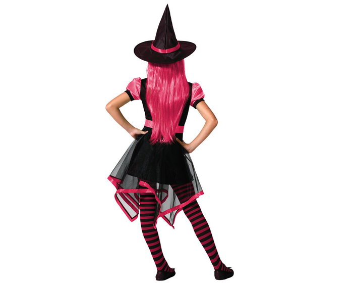 Costume de sorcière pour fille 5-6 ans, robe courte rose et noire avec chapeau pointu et jupe irrégulière - Halloween, fête ou théâtre