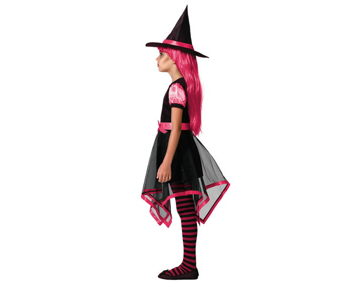 Costume de sorcière pour fille 5-6 ans, robe courte rose et noire avec chapeau pointu et jupe irrégulière - Halloween, fête ou théâtre