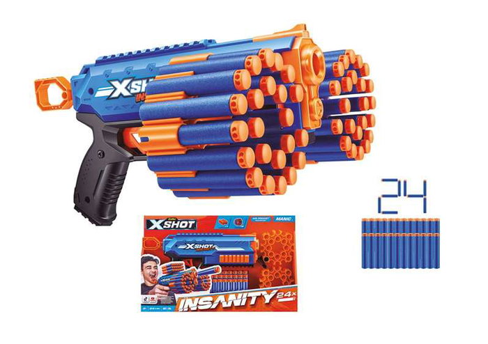 Zuru X-Shot Insanity Manic - Pistolet Blaster avec 24 Fléchettes en Mousse Air Pocket Technology et Rangement Modulaire