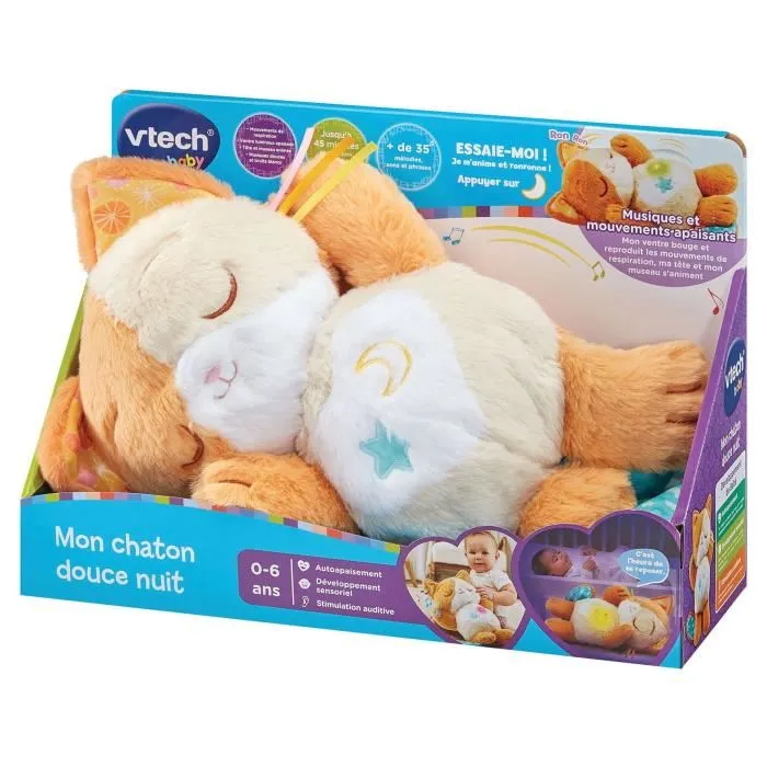Vtech Baby Mon Chaton Douce Nuit - Peluche interactive pour bébé avec lumières, mouvements et sons - Fonction apaisante pour le sommeil 0-6 ans