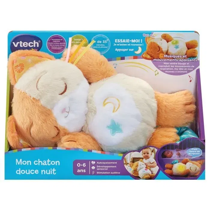 Vtech Baby Mon Chaton Douce Nuit - Peluche interactive pour bébé avec lumières, mouvements et sons - Fonction apaisante pour le sommeil 0-6 ans