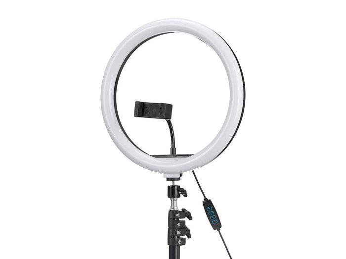 Arte Regal Ring Light Selfie Trépied 57x10x30 cm avec Pied Extensible 195 cm Plastique Noir Blanc 120 LED USB (Set de 4)