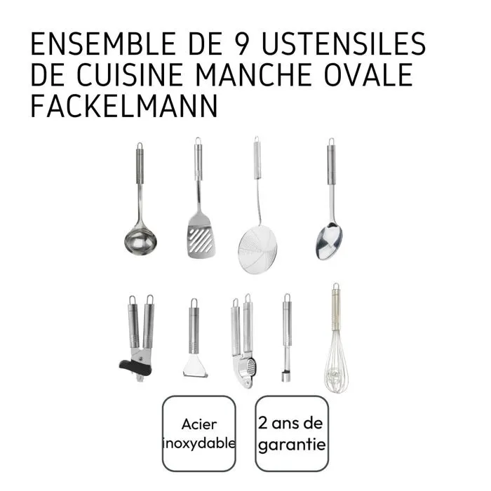 Fackelmann - Set de 9 ustensiles de cuisine en acier inoxydable, collection Ovale : Louche, écumoire, fouet, pelle, cuillère, presse-ail, éplucheur, vide-pommes, ouvre-boîtes