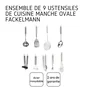 Fackelmann - Set de 9 ustensiles de cuisine en acier inoxydable, collection Ovale : Louche, écumoire, fouet, pelle, cuillère, presse-ail, éplucheur, vide-pommes, ouvre-boîtes