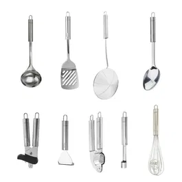 Fackelmann - Set de 9 ustensiles de cuisine en acier inoxydable, collection Ovale : Louche, écumoire, fouet, pelle, cuillère, presse-ail, éplucheur, vide-pommes, ouvre-boîtes