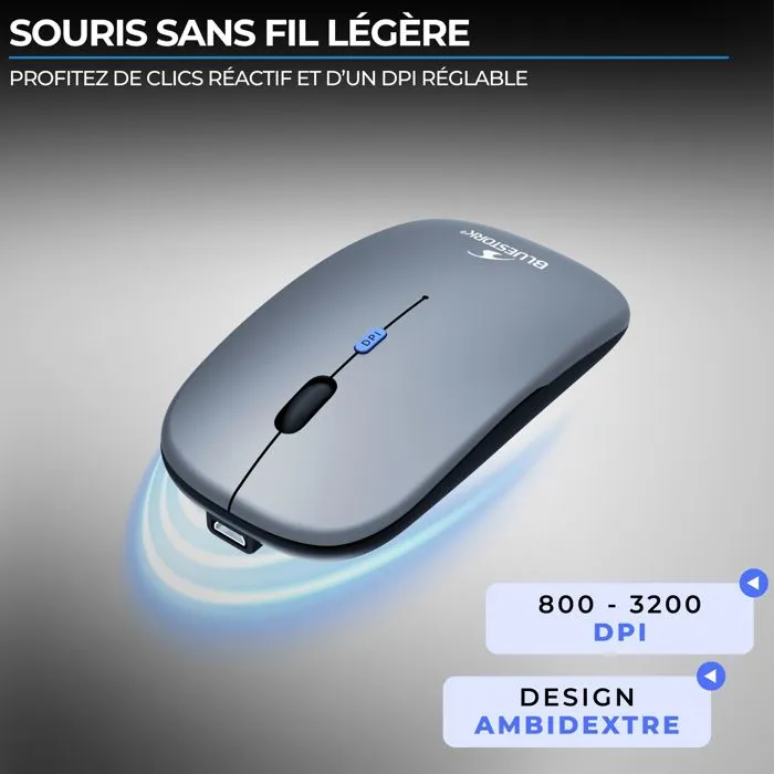 Souris sans fil Bluestork M-WL-OFF105 Silencieuse - Bluetooth 5.0 / dongle USB 2.4 GHz, ultra-plate, gris et noir