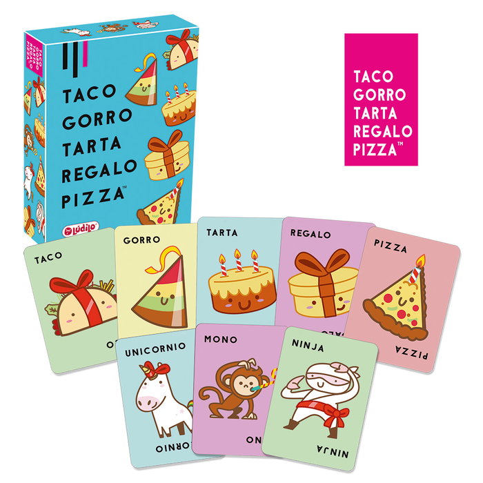 Lúdilo - Jeu de cartes Taco, Gorro, Tarta, Regalo, Pizza (Réf. 803105) - Jeu d'ambiance et de rapidité en espagnol/portugais - À partir de 8 ans